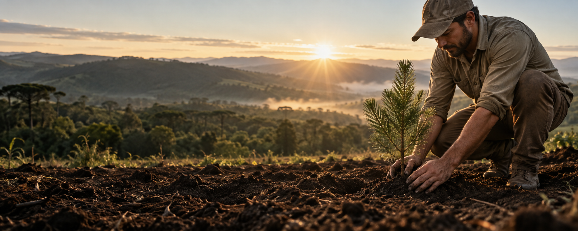 Homem plantando uma jovem árvore de pinheiro em solo fértil